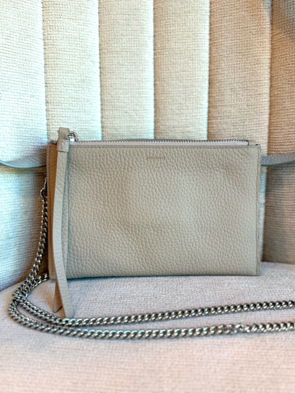 AllSaints Sage Green Pebbled Leather “Fetch” Crossbody Bag with Chain Strap - Picture 7 of 12